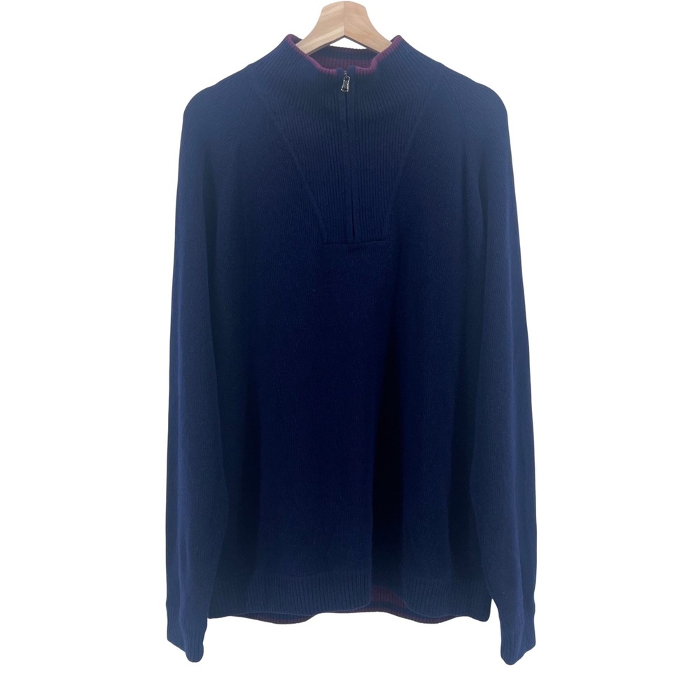 Robert Graham Mens Navy Wool Cashmere Quarter Zip Sweater Blue Large Classic Fit